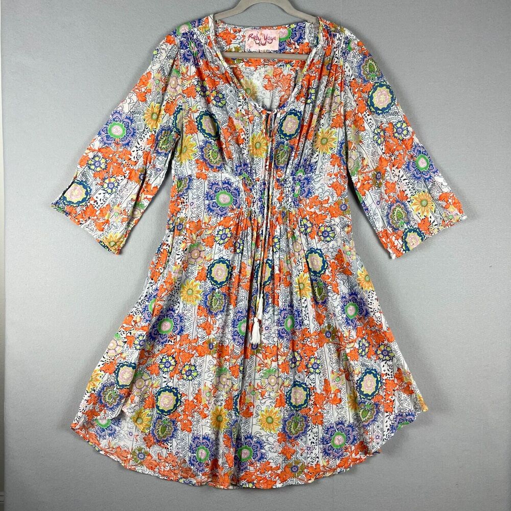 Ruby Yaya Floral Dress Womens XL V Neck Tassel Smocked Boho Peasant Colorful